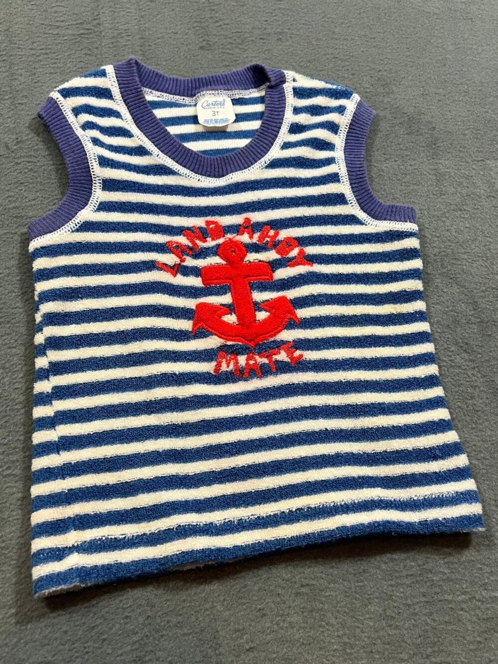 Vintage Carters USA Terry Cloth Tank Top Nautical Anchor Sailor Beach 3T